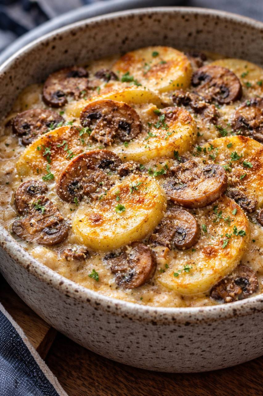 Картофель в сливочном соусе с грибами